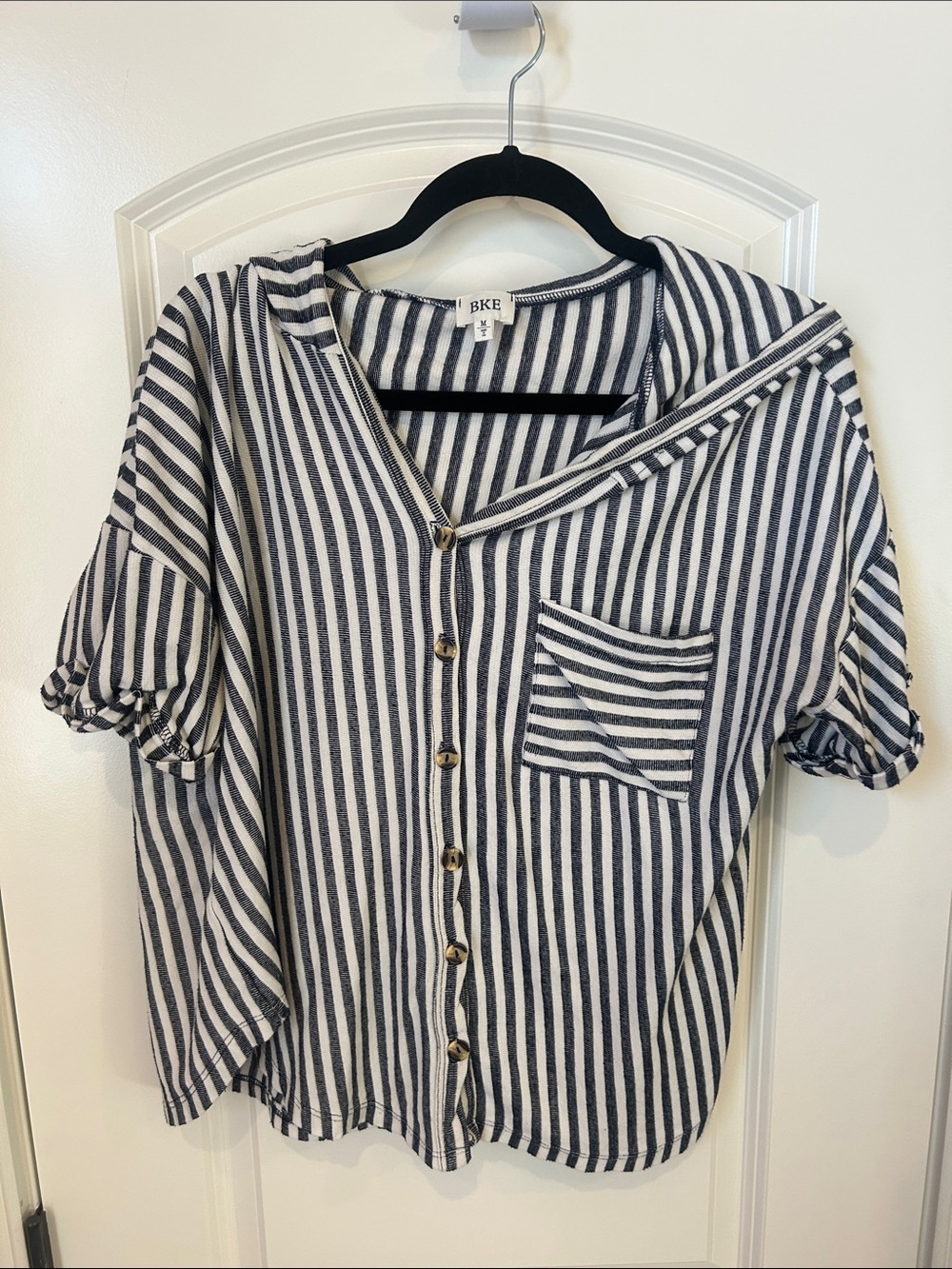 BKE Navy and White Vertical Stripe Button-Up Blouse